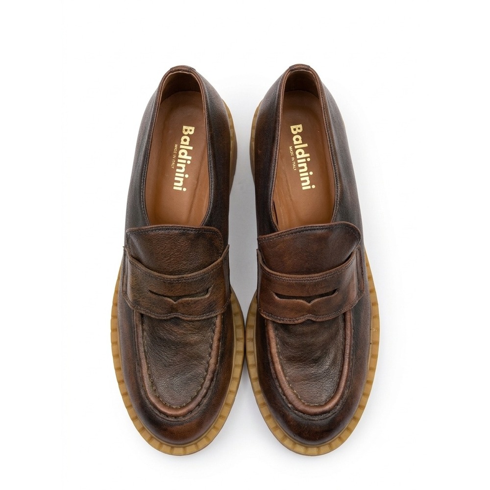 Baldinini Brown Burnished Leather  Loafers Italian Lug Sole Chunky Heel 40 NWOT